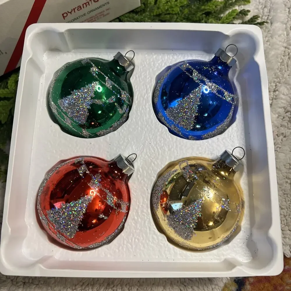 Vintage Pyramid Set of 4 Glass Ball Glitter Trees Ornaments Red Green Blue Gold